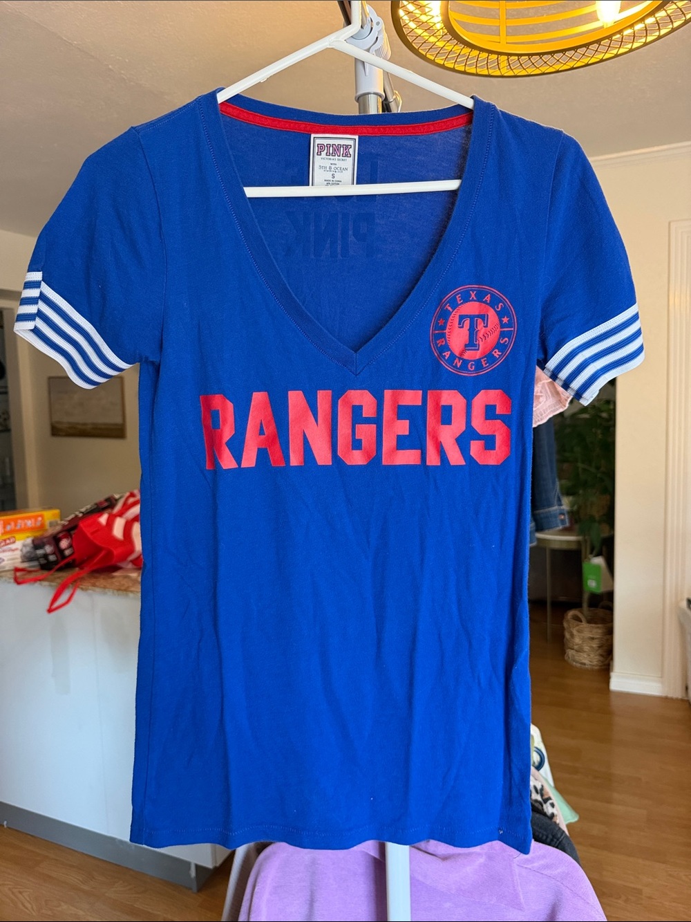 PINK Victoria's Secret Blue Rangers V-Neck Tee with Red Logo